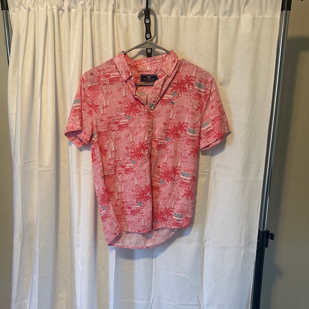 Vineyard Vines Pink & Red Tropical Print Camp Shirt